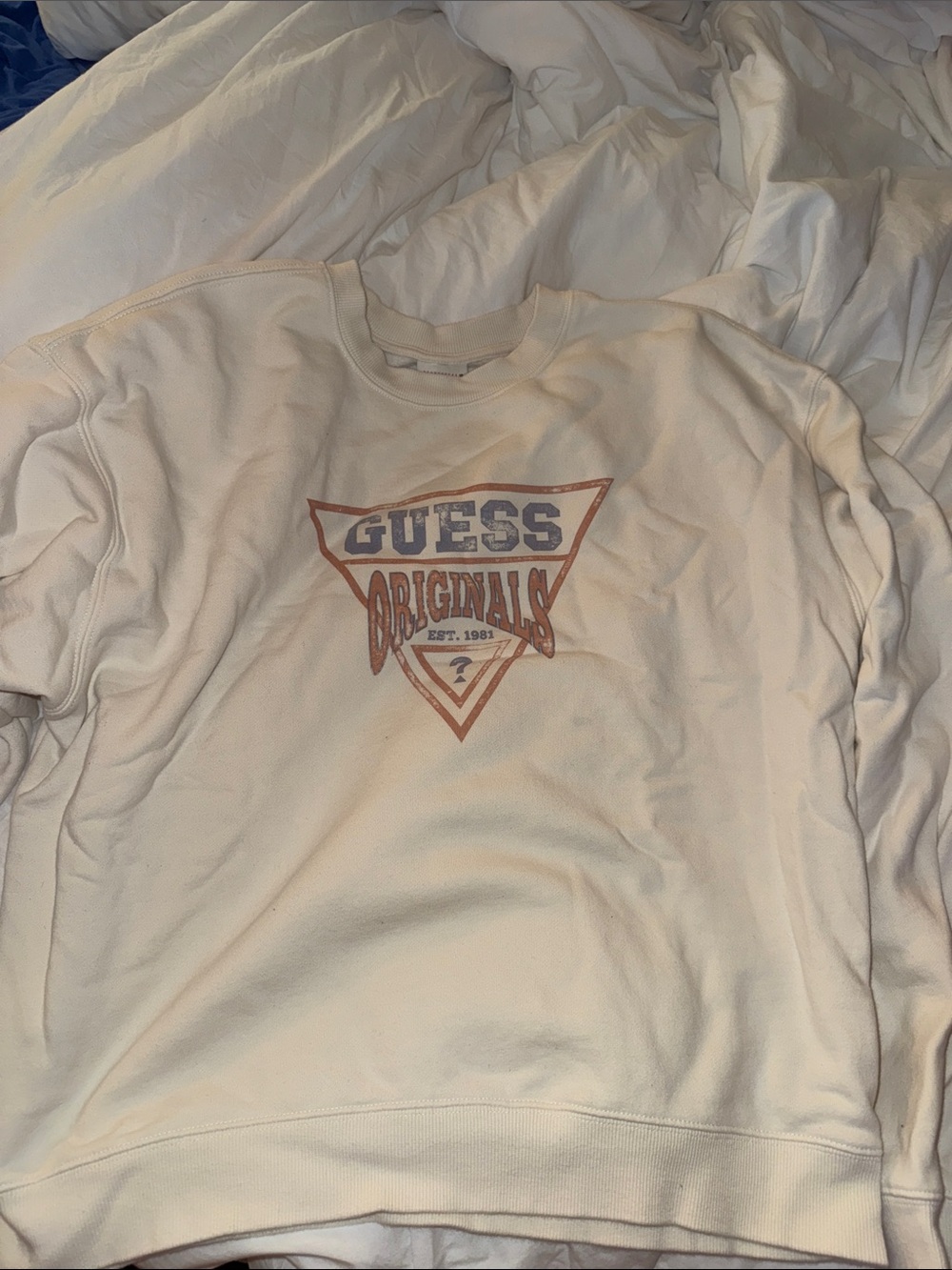 GUESS Cream Sweatshirt with Blue and Rust Logo